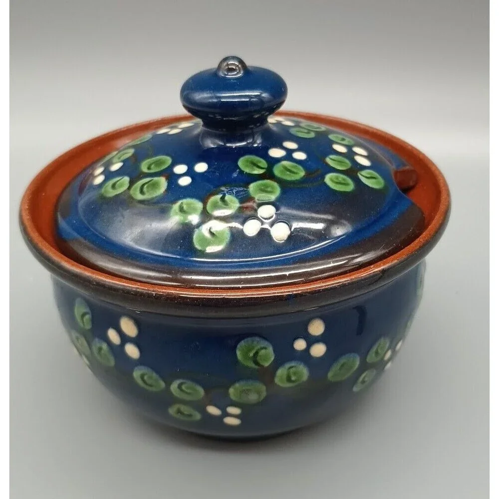 redware folk art pottery Sugar Bowl Jam Jar Hand Painted Blue Green White